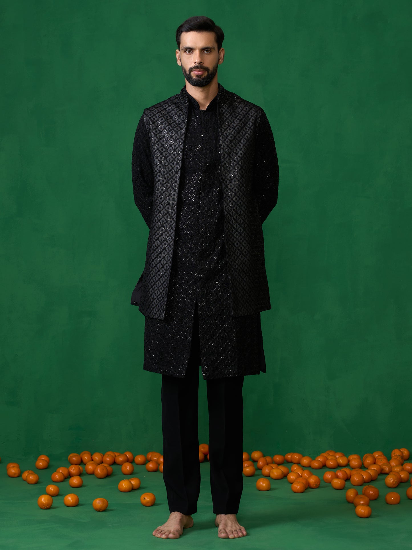 EMBROIDERED BLACK KURTA JACKET SET