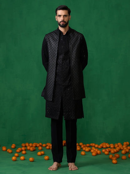 EMBROIDERED BLACK KURTA JACKET SET