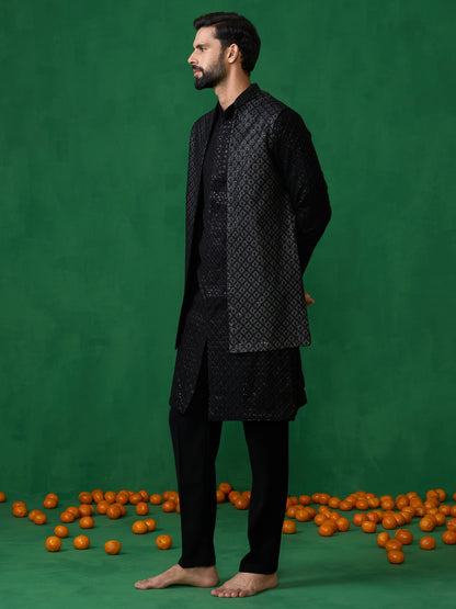 EMBROIDERED BLACK KURTA JACKET SET