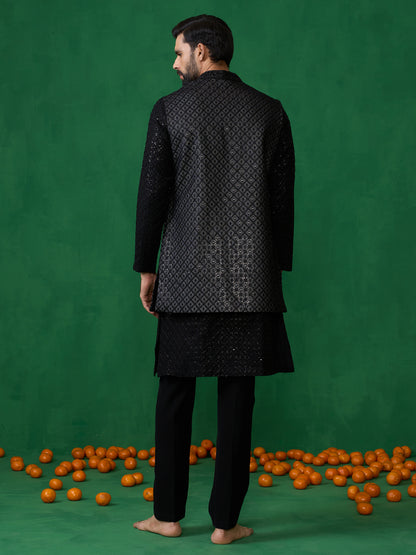 EMBROIDERED BLACK KURTA JACKET SET