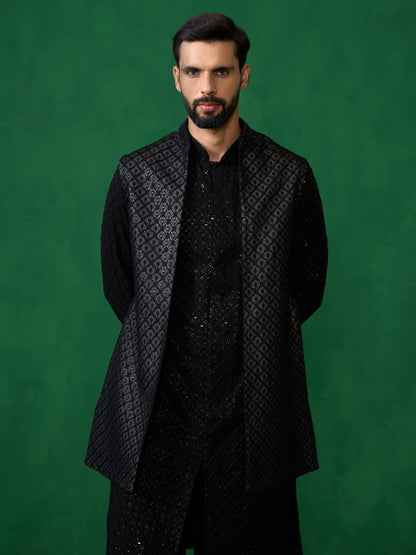 EMBROIDERED BLACK KURTA JACKET SET