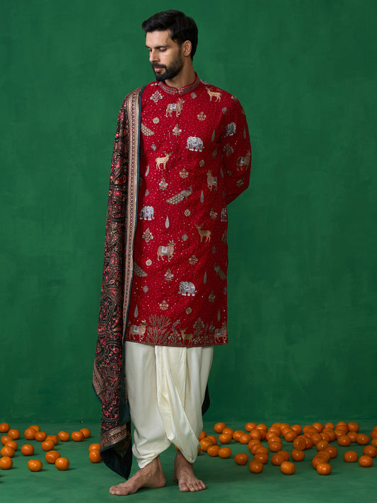 PICHWAI RED DHOTI KURTA SET