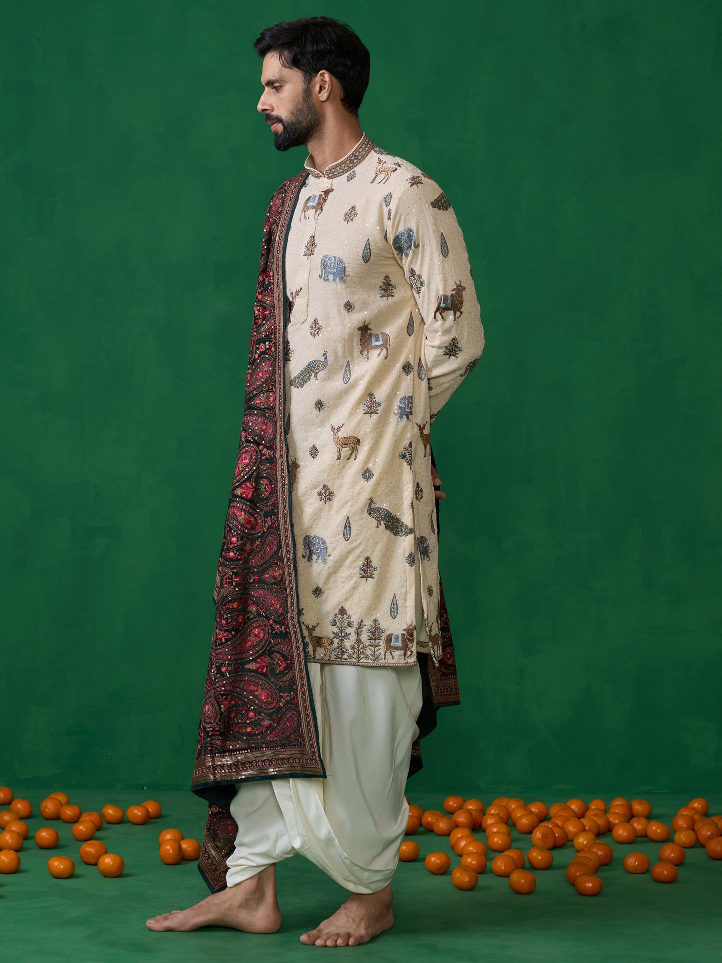 PICHWAI BEIGE DHOTI KURTA SET