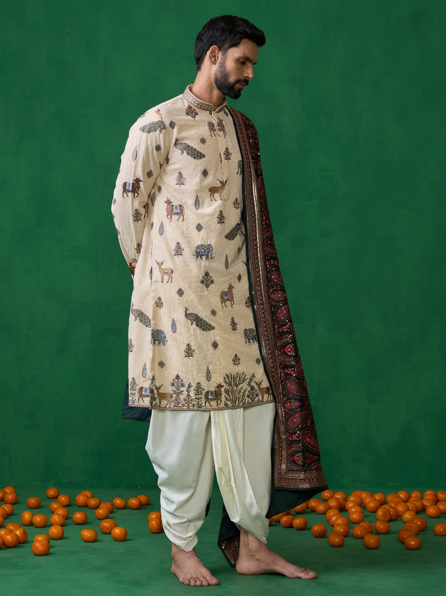 PICHWAI BEIGE DHOTI KURTA SET
