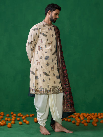 PICHWAI BEIGE DHOTI KURTA SET