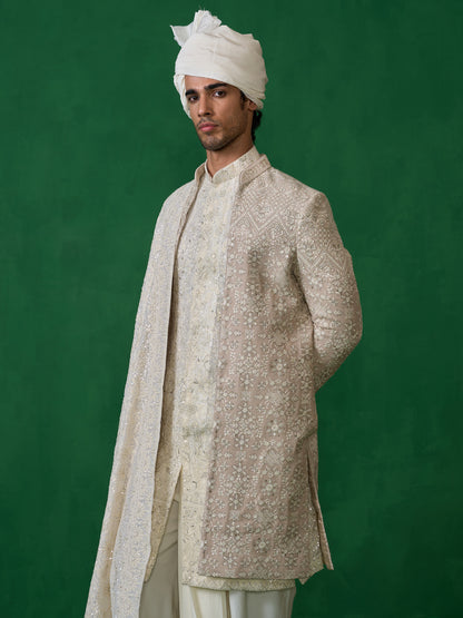 FLORAL BEIGE SHERWANI SET
