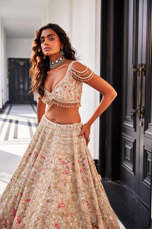 IVORY ORGANZA EMBROIDERED LEHENGA SET