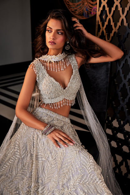 GREY EMBROIDERED ORGANZA LEHENGA SET