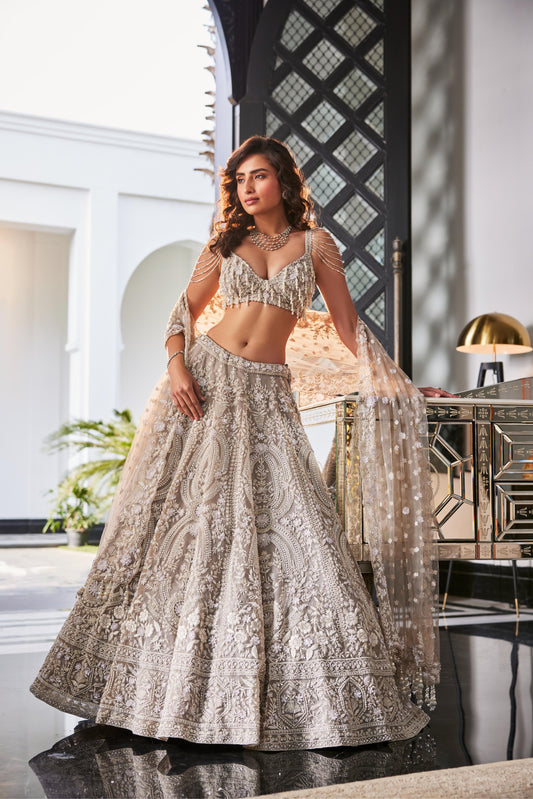 GREY EMBROIDERED ORGANZA LEHENGA SET