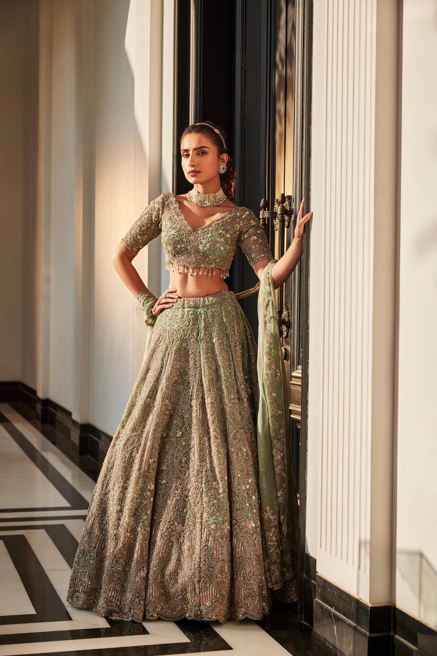 AQUA ORGANZA EMBROIDERED LEHENGA SET