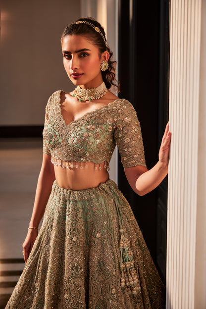 AQUA ORGANZA EMBROIDERED LEHENGA SET