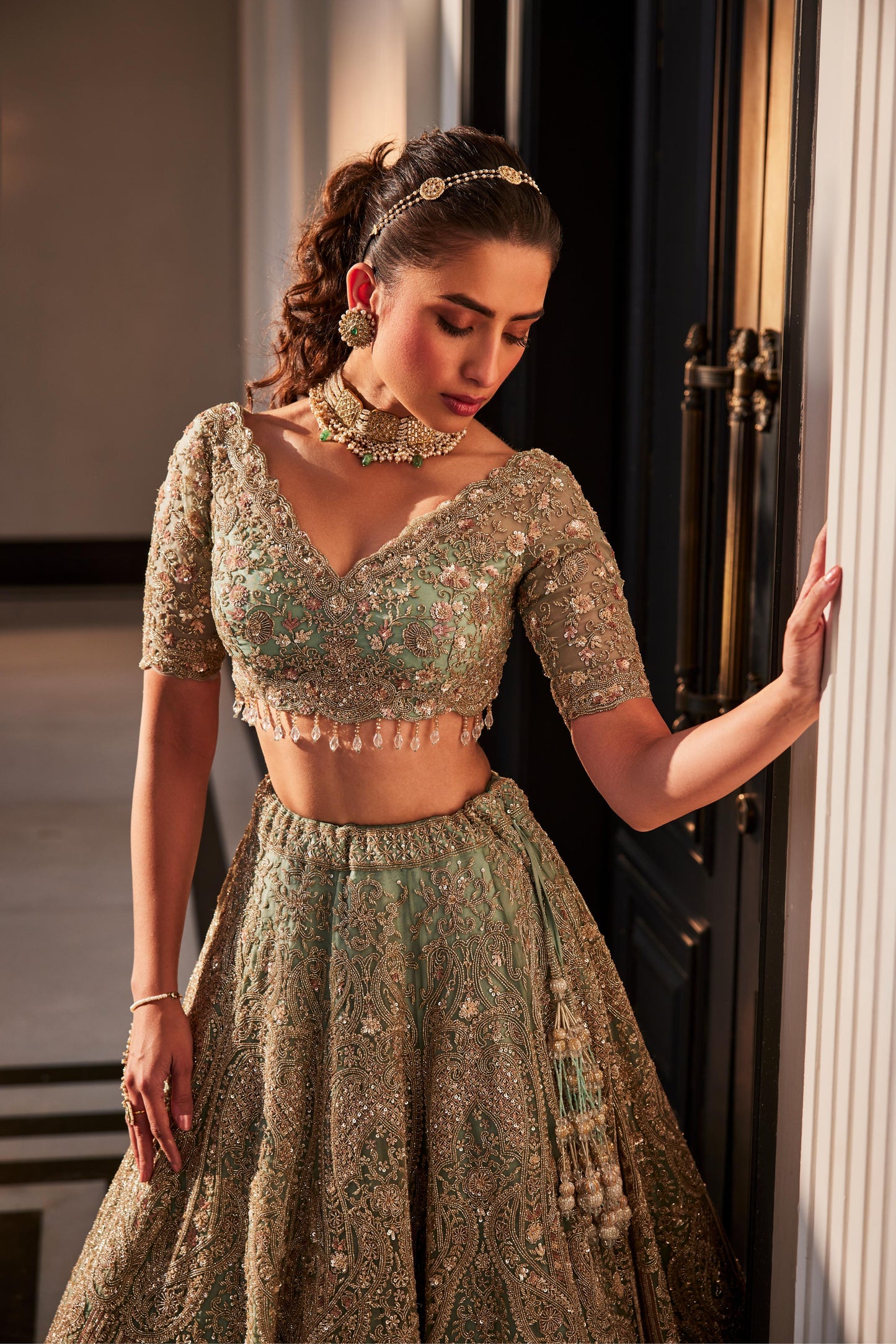 AQUA ORGANZA EMBROIDERED LEHENGA SET