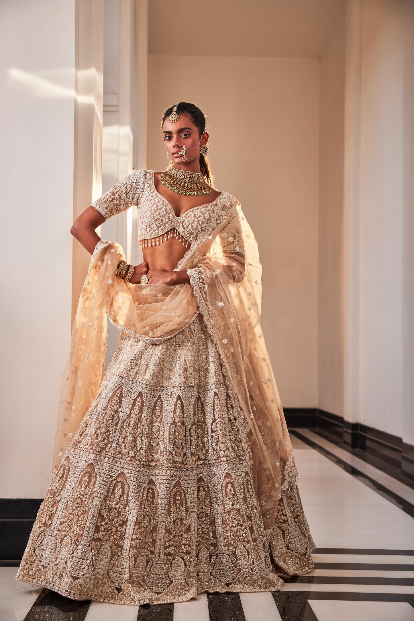 IVORY ORGANZA EMBROIDERED LEHENGA SET