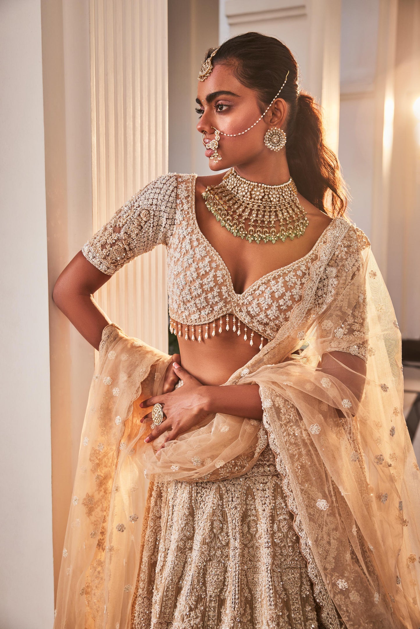 IVORY ORGANZA EMBROIDERED LEHENGA SET