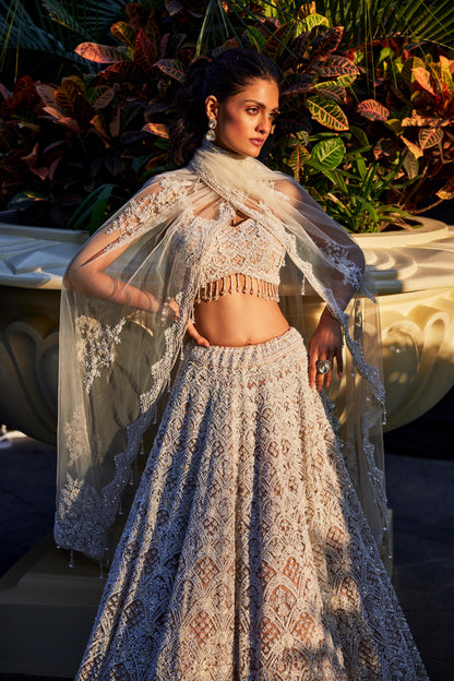 IVORY ORGANZA EMBROIDERED LEHENGA SET