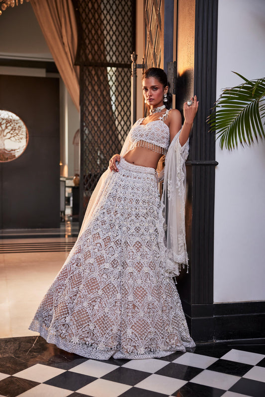 IVORY ORGANZA EMBROIDERED LEHENGA SET