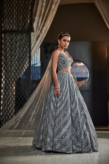 GREY EMBROIDERED ORGANZA LEHENGA SET