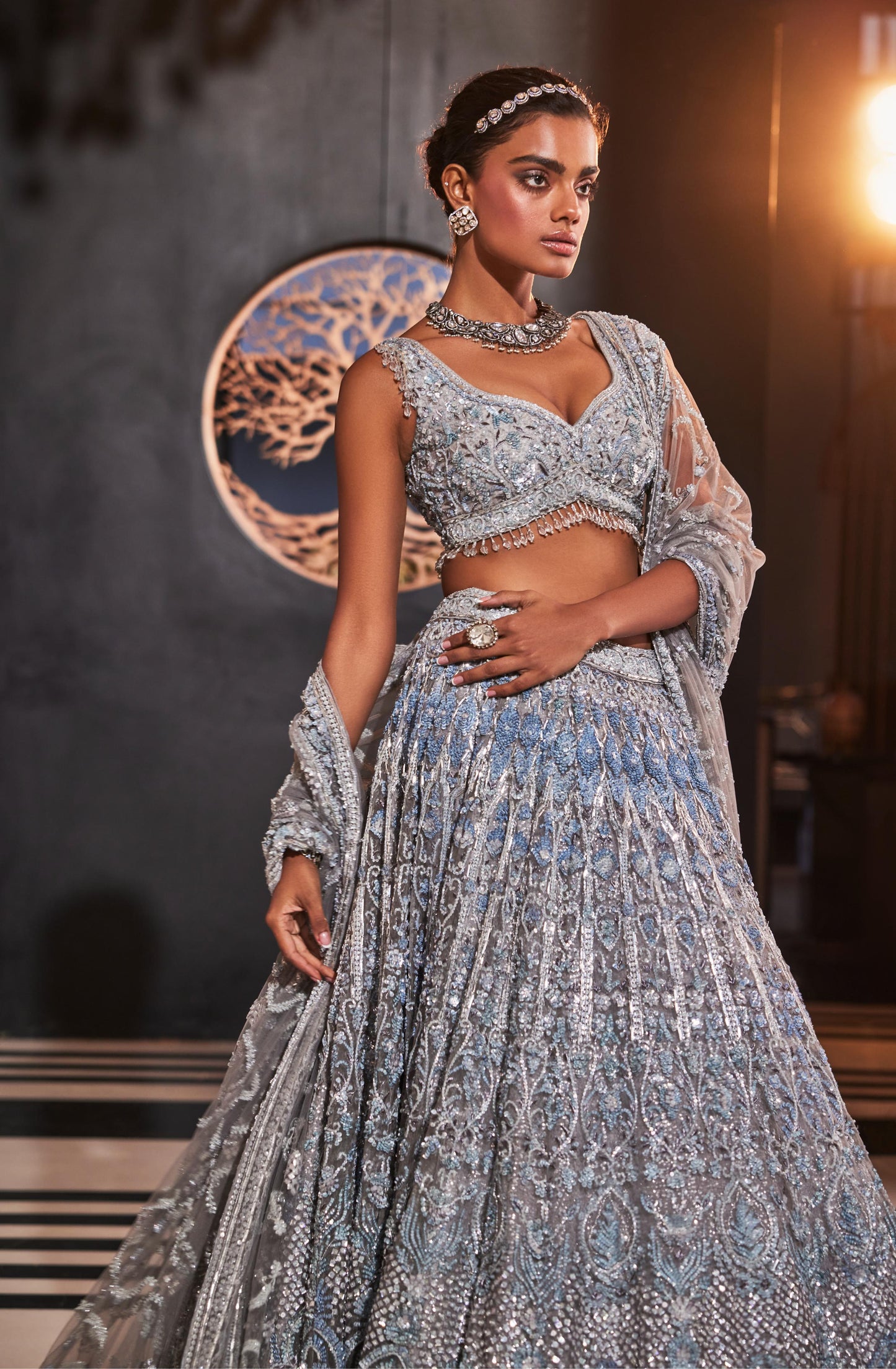 ICEBLUE EMBROIDERED ORGANZA  LEHENGA SET