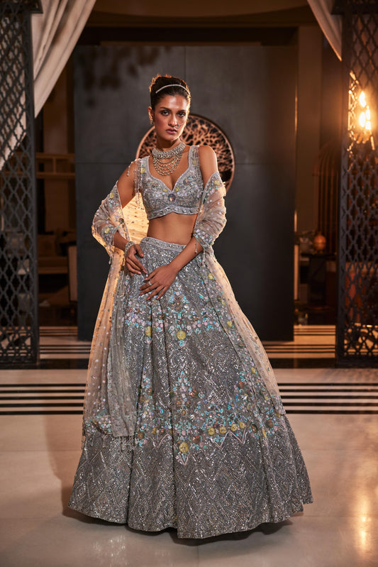 GREY EMBROIDERED ORGANZA LEHENGA SET