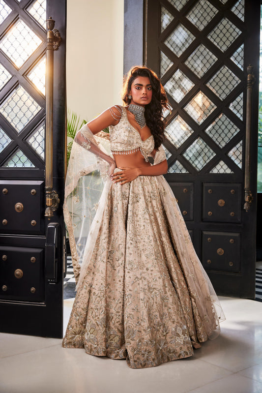 GREY EMBROIDERED RAWSILK LEHENGA SET