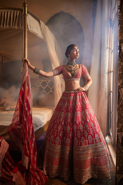 RED LOOP HEAVILY EMBROIDERED LEHENGA