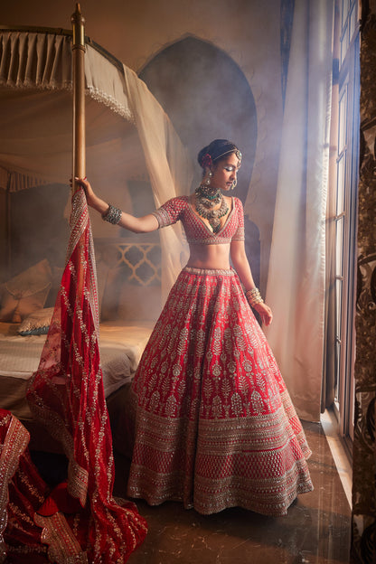 RED LOOP HEAVILY EMBROIDERED LEHENGA