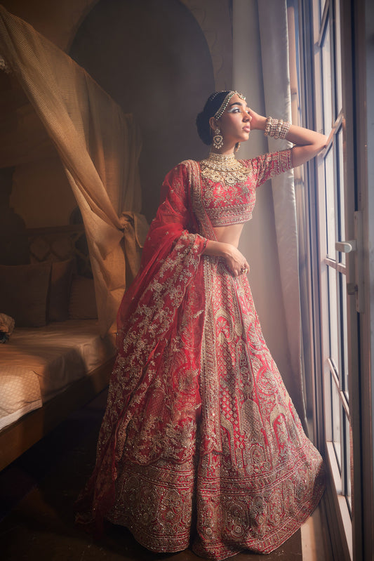 ELNAZ RED HEAVILY EMBROIDERED LEHENGA