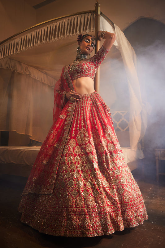 JAHANARA RED HEAVILY EMBROIDERED LEHENGA