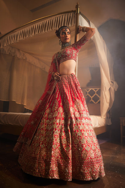 JAHANARA RED HEAVILY EMBROIDERED LEHENGA