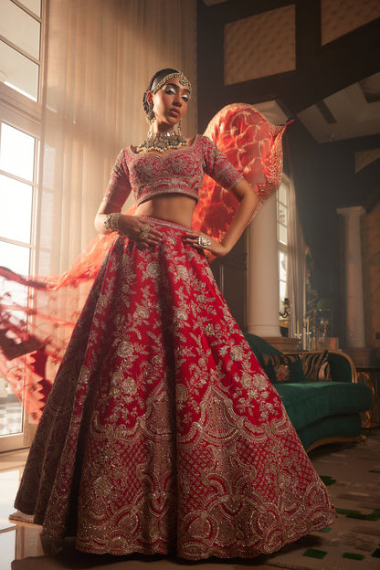 PERSIA RED HEAVILY EMBROIDERED LEHENGA