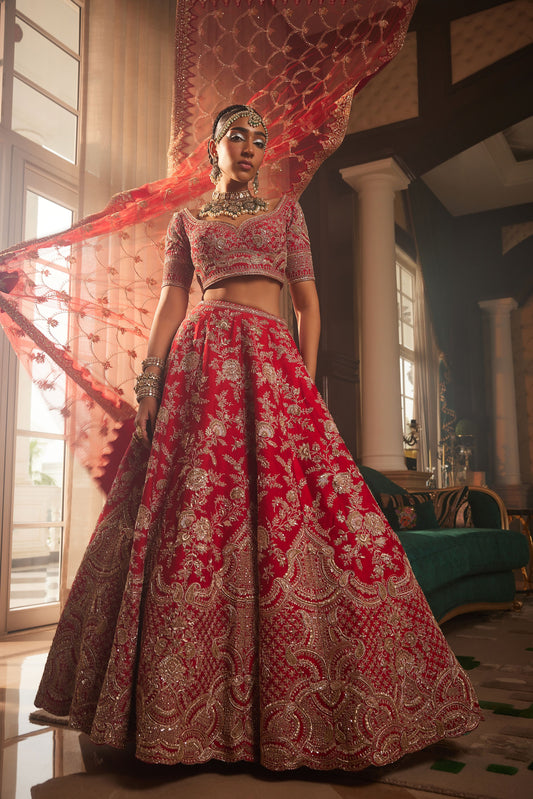 PERSIA RED HEAVILY EMBROIDERED LEHENGA