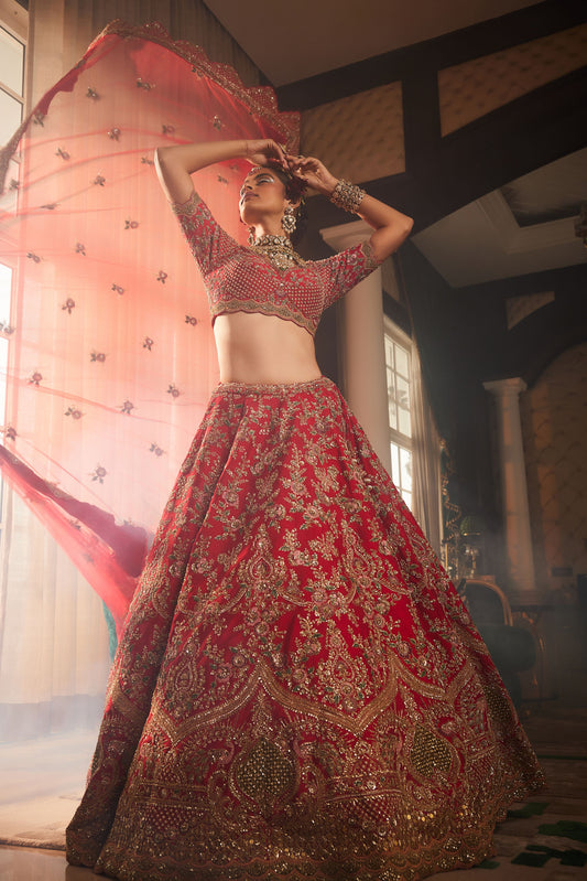 ISRA RED HEAVILY EMBROIDERED LEHENGA