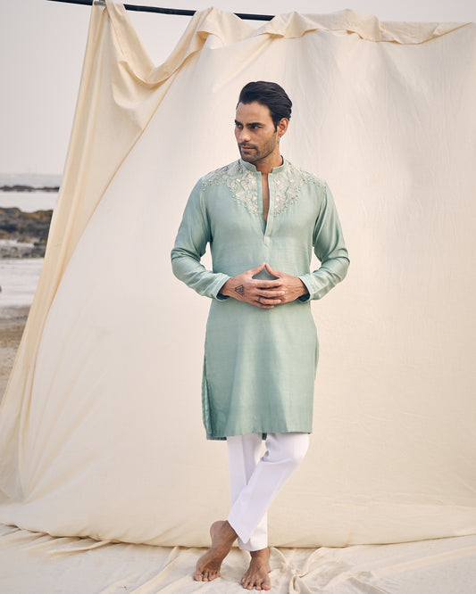 AQUA GREEN U LINE EMBROIDERY KURTA SET