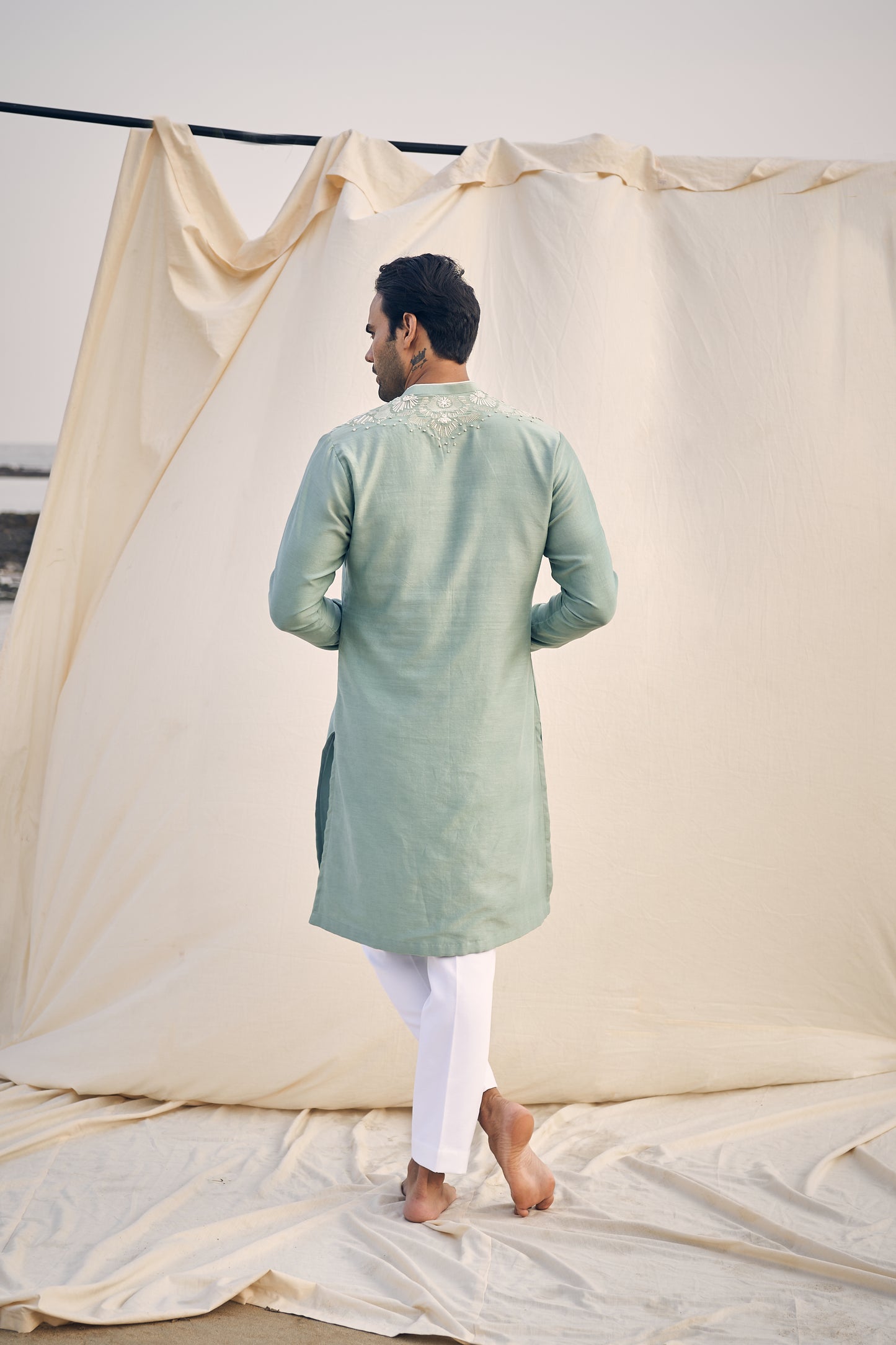 AQUA GREEN U LINE EMBROIDERY KURTA SET