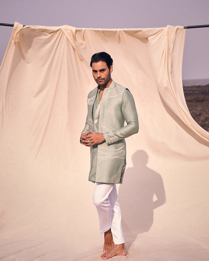 GREEN LONG OPEN BANDI SET WITH LINEAR EMBROIDERY