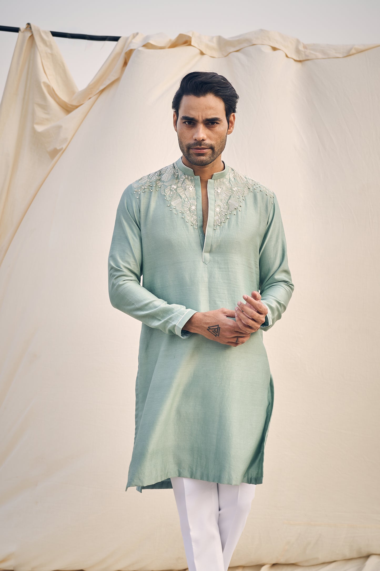 AQUA GREEN U LINE EMBROIDERY KURTA SET