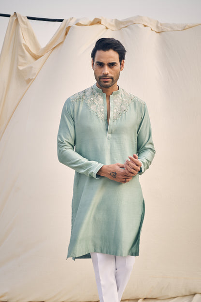 AQUA GREEN U LINE EMBROIDERY KURTA SET