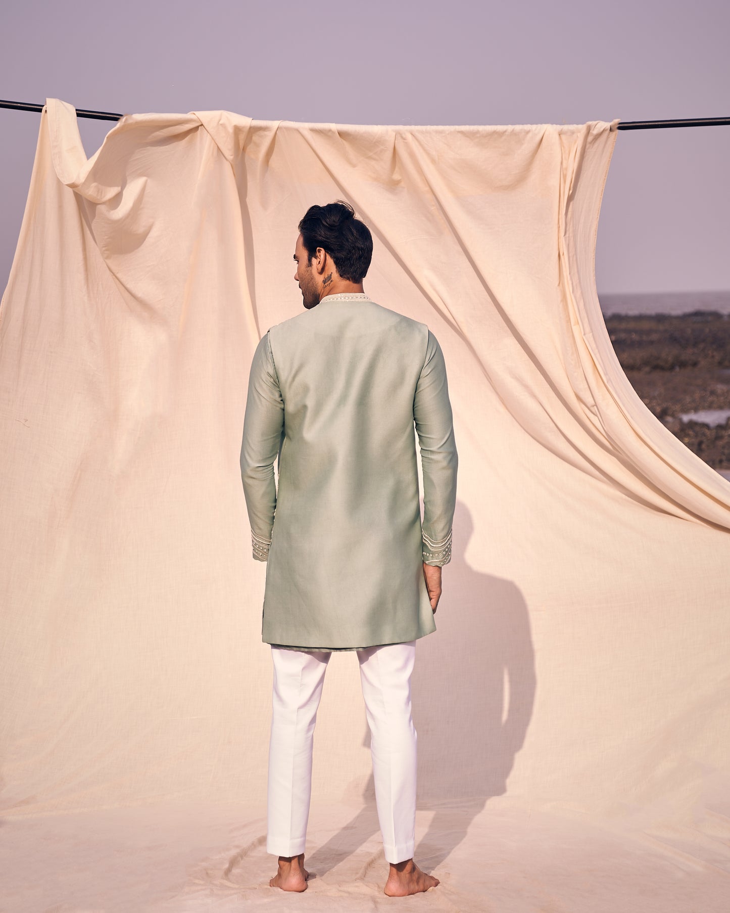 GREEN LONG OPEN BANDI SET WITH LINEAR EMBROIDERY