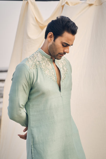 AQUA GREEN U LINE EMBROIDERY KURTA SET