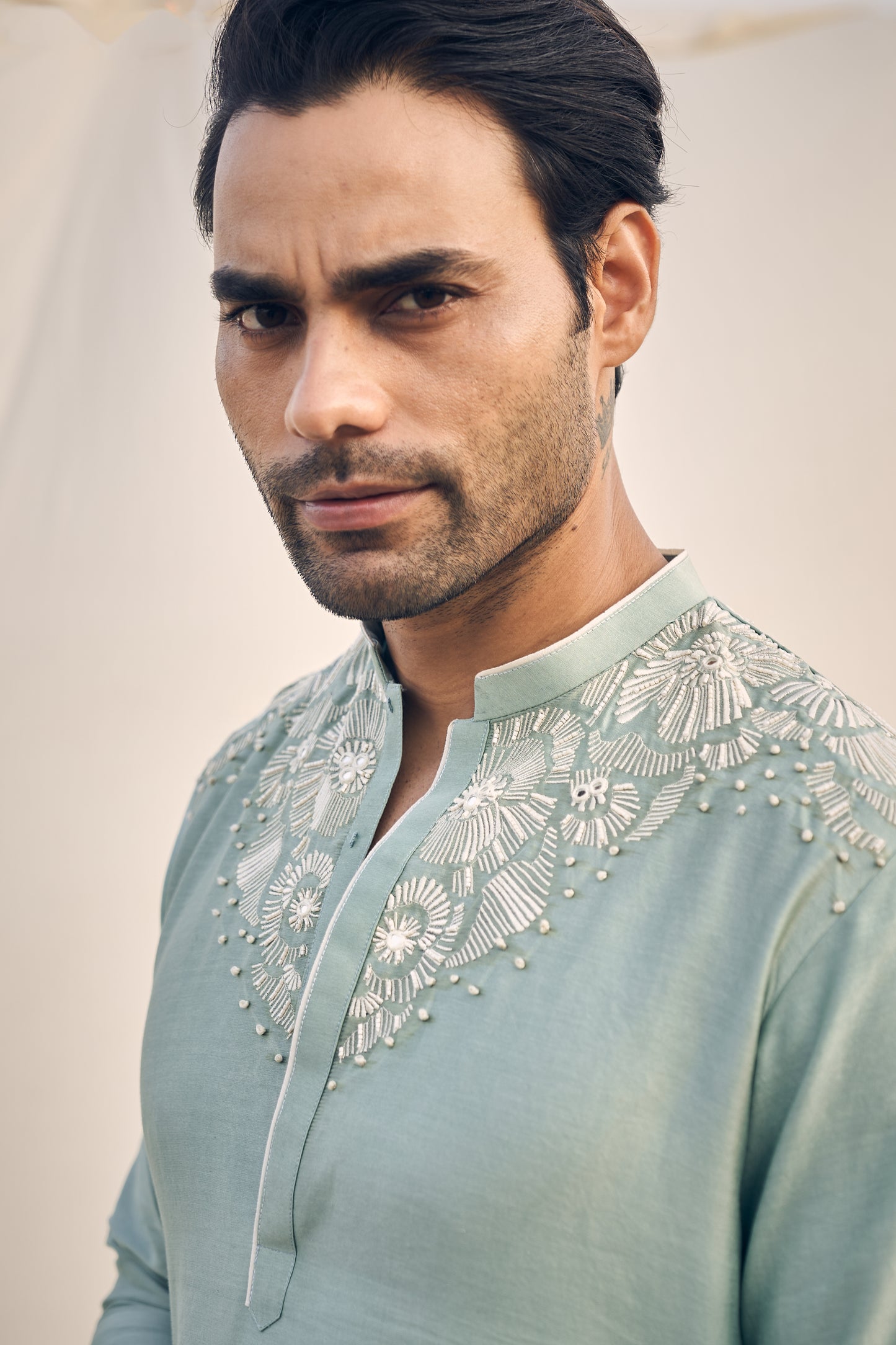 AQUA GREEN U LINE EMBROIDERY KURTA SET