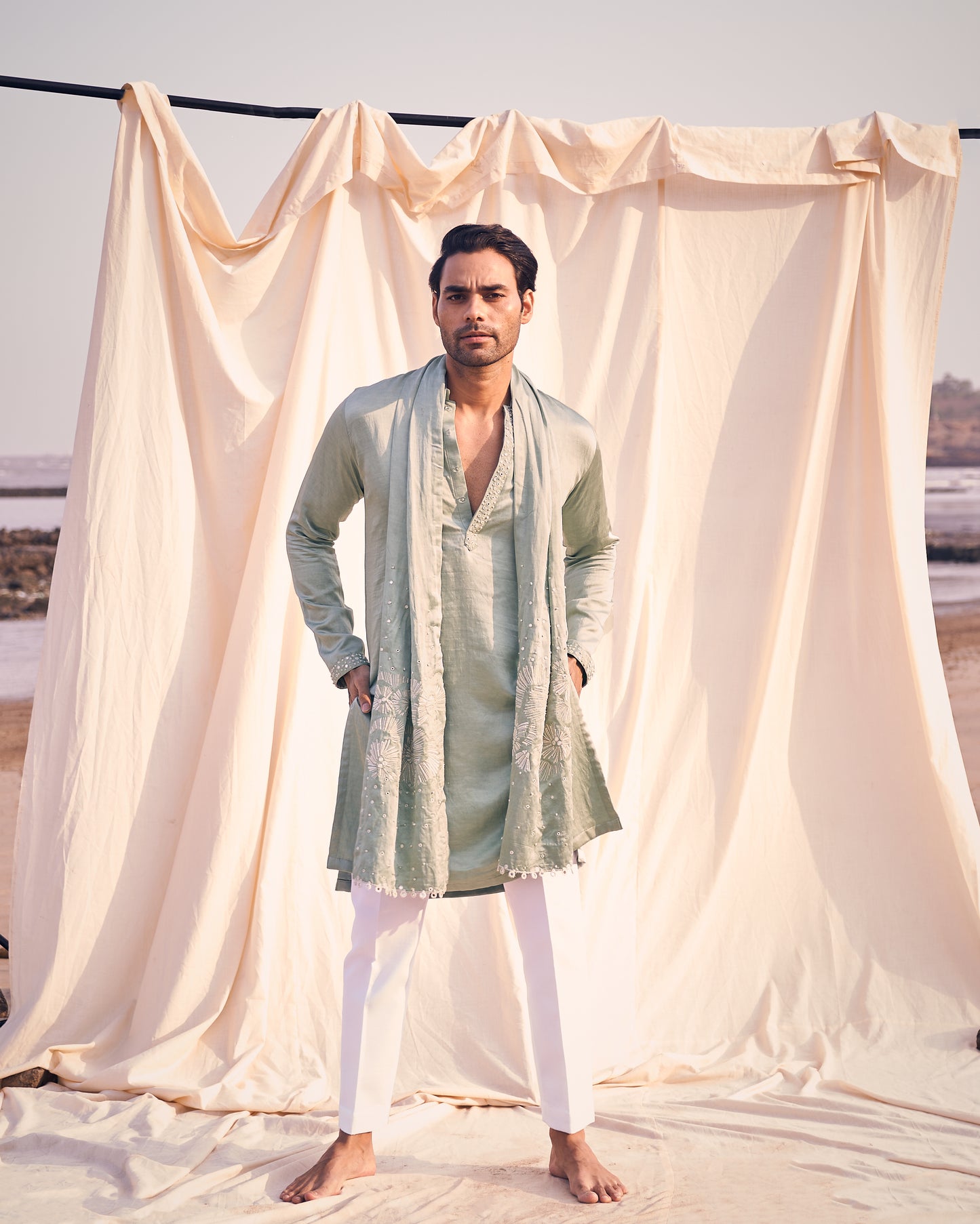 GREEN MIRROR TASSEL KURTA SET