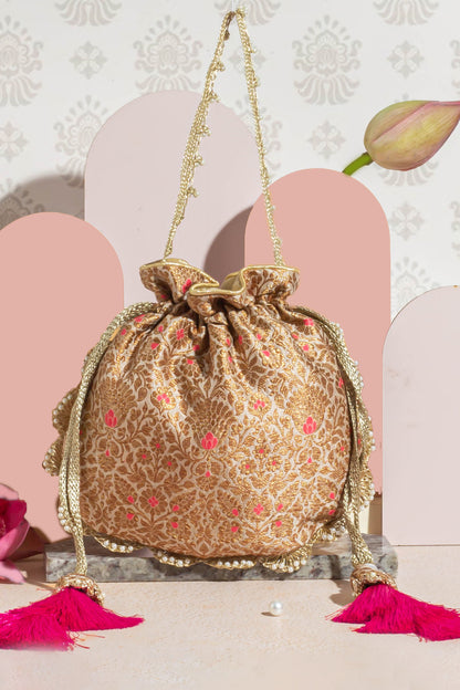 KASHI PURE BANARASI SILK POTLI - CREAM & PINK