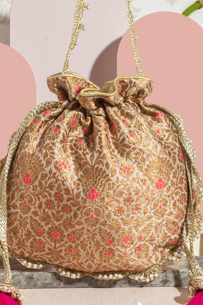 KASHI PURE BANARASI SILK POTLI - CREAM & PINK