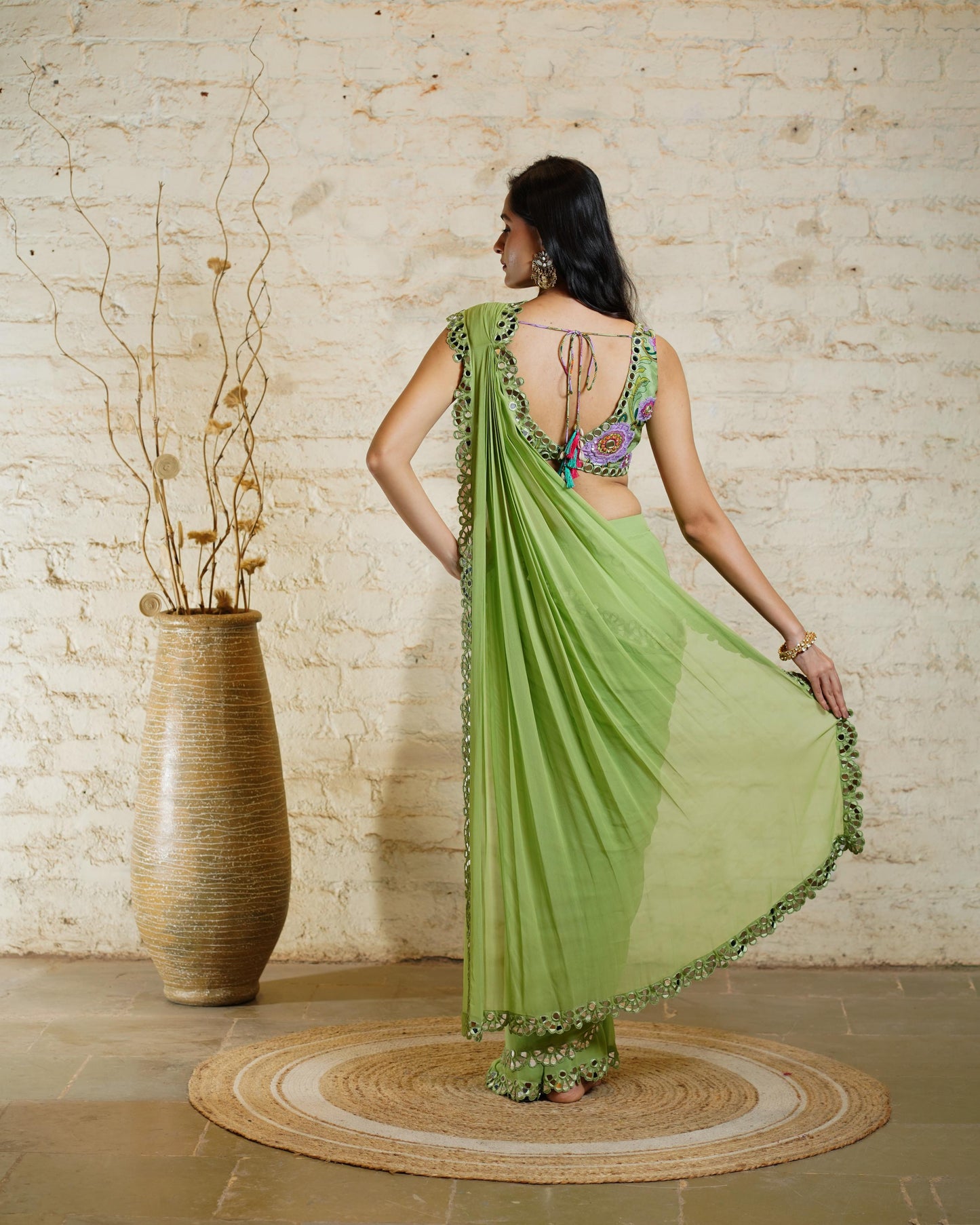LISA PISTA PRE-STITCHED SAREE & BLOUSE