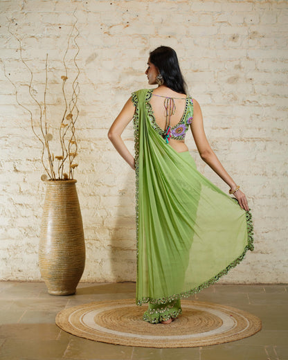 LISA PISTA PRE-STITCHED SAREE & BLOUSE