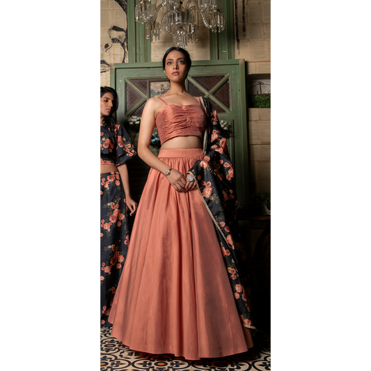 TAFFETA LEHENGA SET WITH PRINTED DUPATTA
