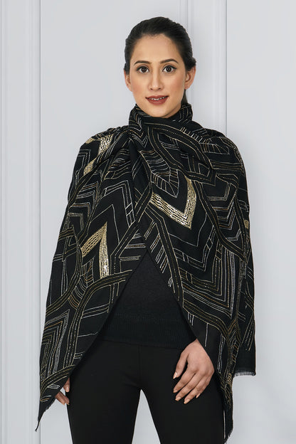 BLACK AZTEC GOLD CASHMERE STOLE