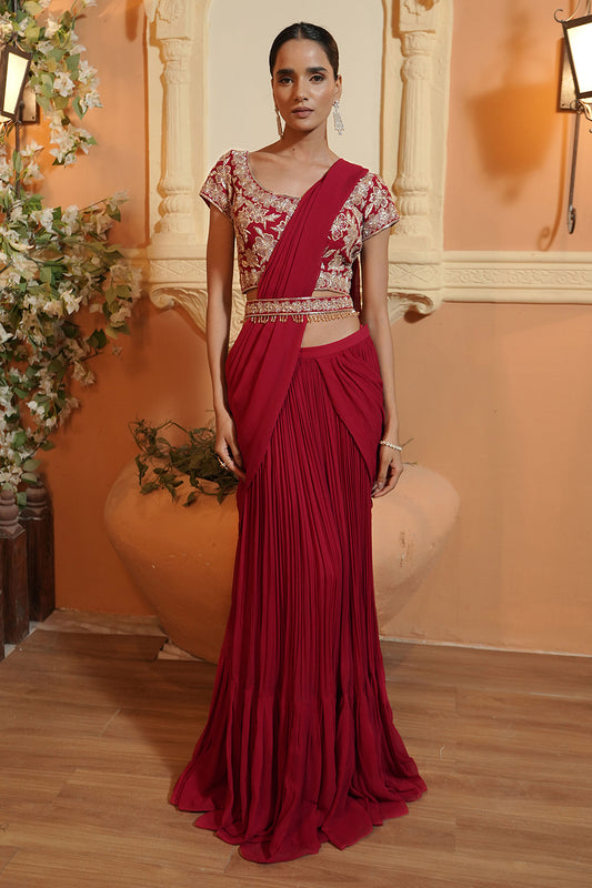 CHERRY RED DRAPE SAREE