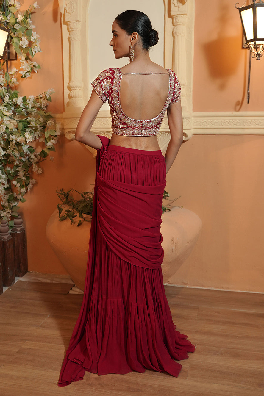 CHERRY RED DRAPE SAREE