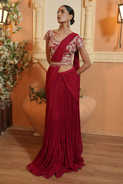 CHERRY RED DRAPE SAREE